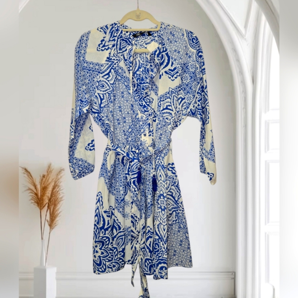Zara Blue and White Patterned Mini Dress